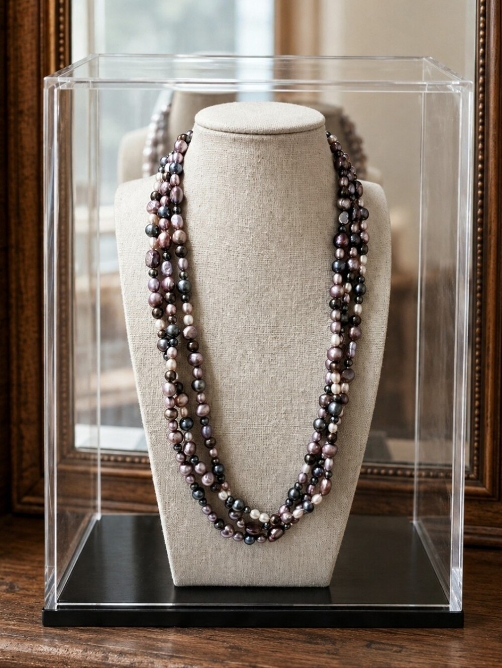 Peacock Freshwater Glass Pearls Gray Purple Lavender Cream Long Strand Necklace